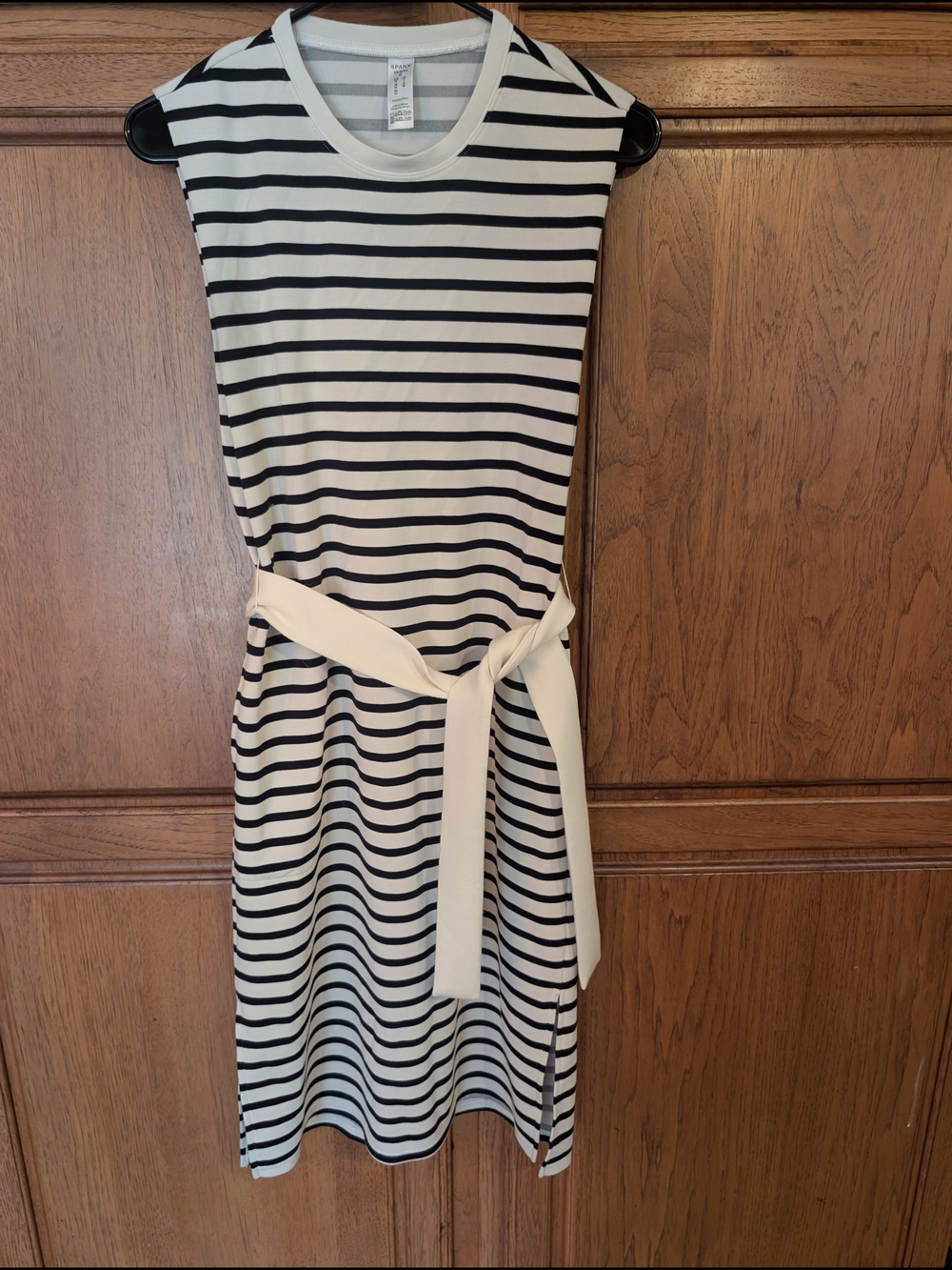 SPANX Black and White Striped Midi Dress with Cream Tie